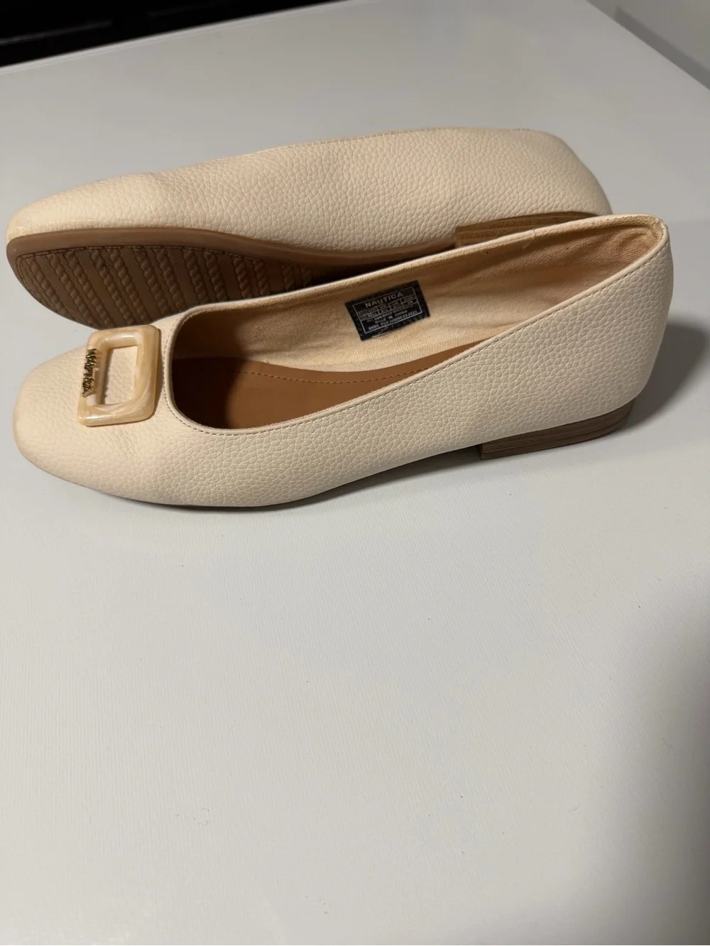 Nautica Cream Textured Square-Toe Ballet Flats with Buckle Accent